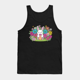 Adorable cartoon easter bunny holding a colourful egg surrounded by flowers Tank Top